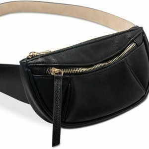 INC Womens Belt Bag Pebbled Faux Leather 2 Zipper Black